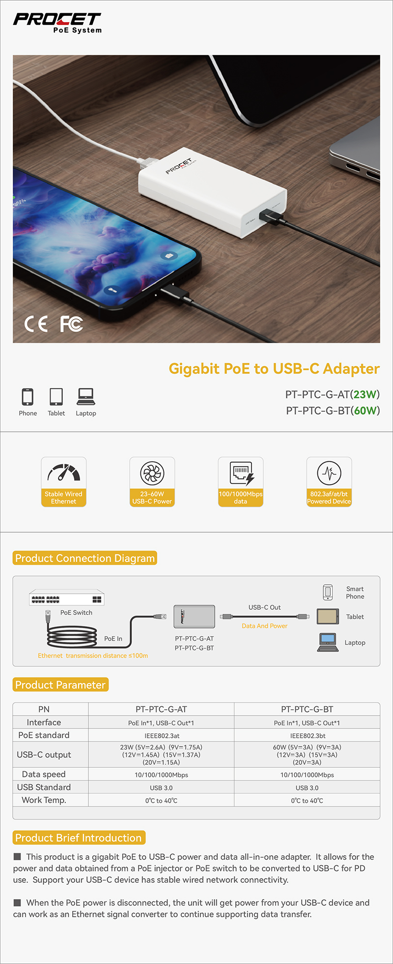 PROCET PoE to USB-C Adapter