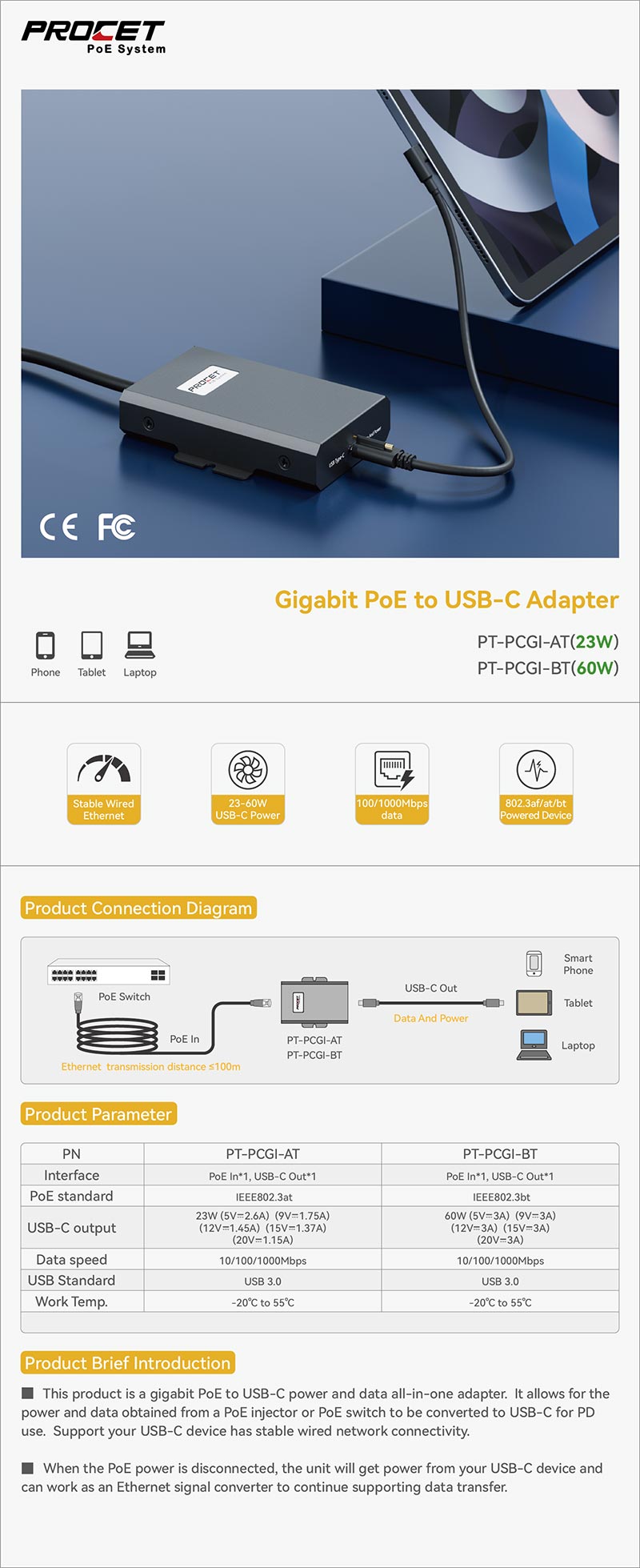 PROCET PoE to USB-C Adapter