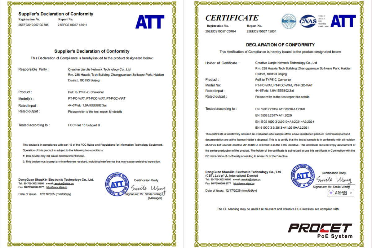 PT WAT Series PoE to USB-C Adapters: FCC PT WAT Series PoE to USB-C Adapters: FCC